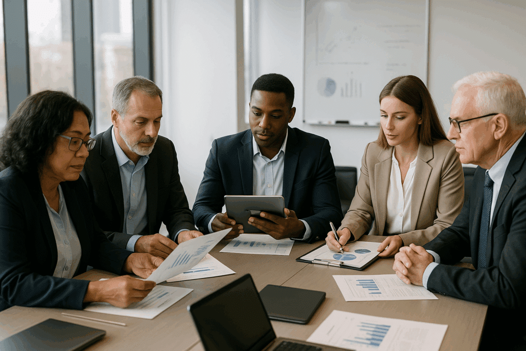 Diverse HR team collaborating on munkaerő-tervezés in modern office environment