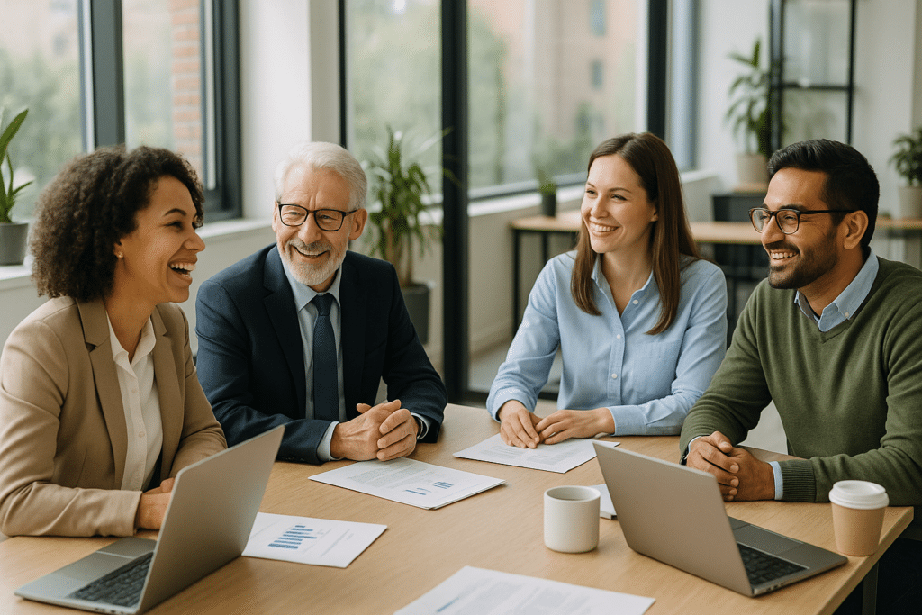 Motivált, elégedett munkatársak természetes munkahelyi elköteleződés közben.