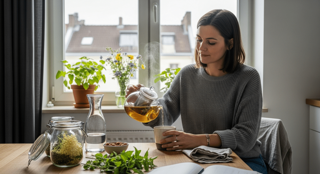 Nő készít gyógyteát PMS enyhítésére világos, otthonos konyhában