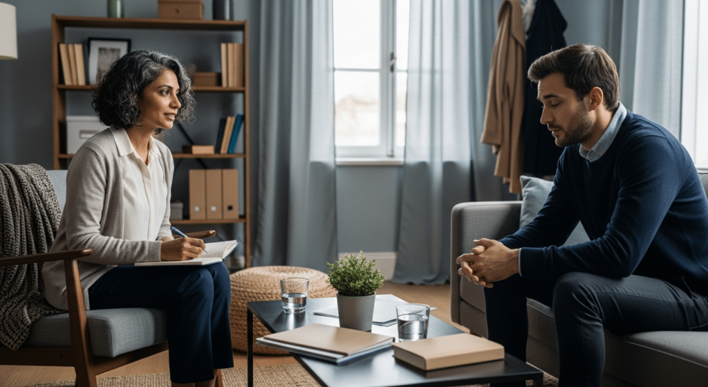 pszichológus kiégés tanácsadás: terapeuta figyelmesen meghallgat kimerült férfit