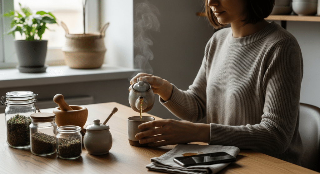 Nő készít gyógynövényes teát, természetes megoldás erős menstruációra