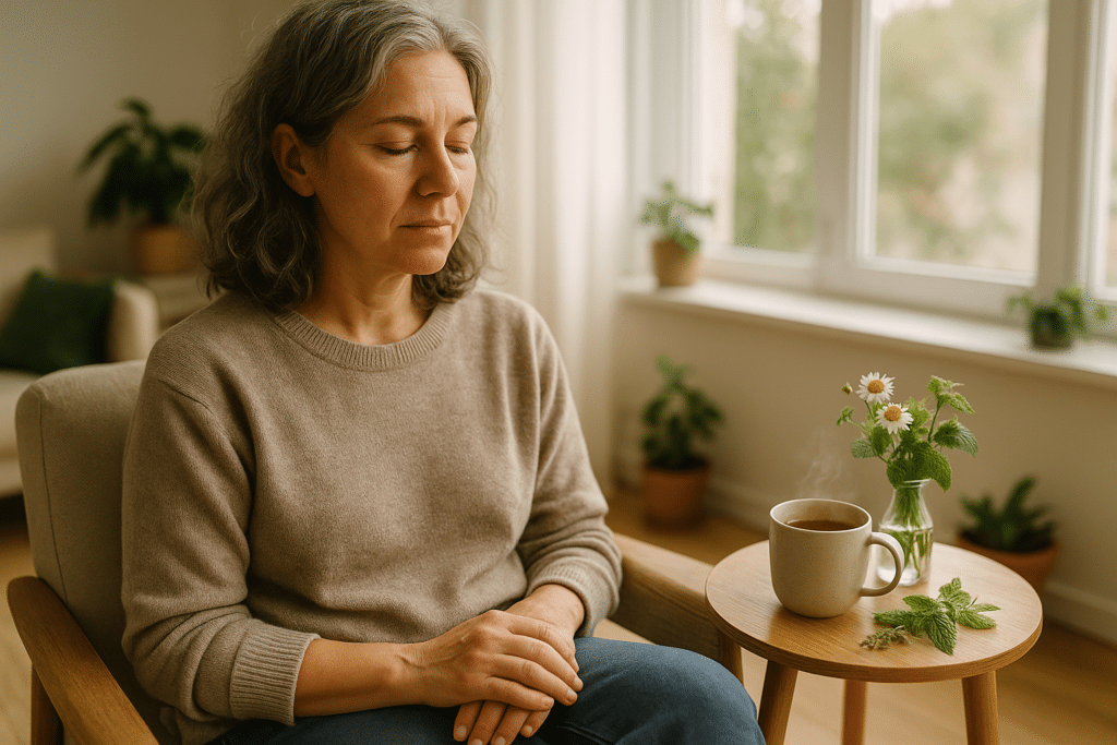 Nyugodt, természetes életmódot élő nő perimenopauzában, változókorban.