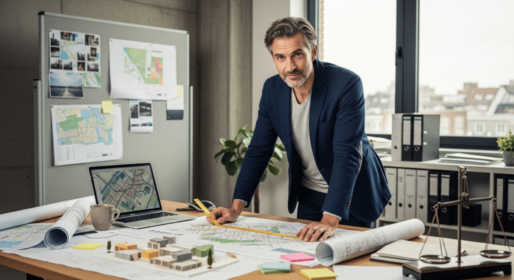 városfejlesztési stratégia szakmai vezetés: tervező térképek és makett mellett