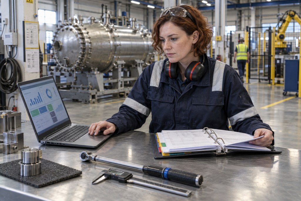 Mérnök laptopnál dokumentációval gyárban — iparági előírások megfelelés